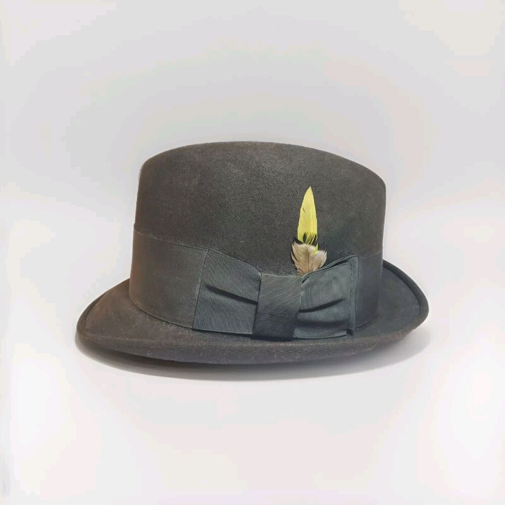 Vintage Champ Kasmir Finish Fedora Size 7 Olive Green Hat With Trim & Feathers